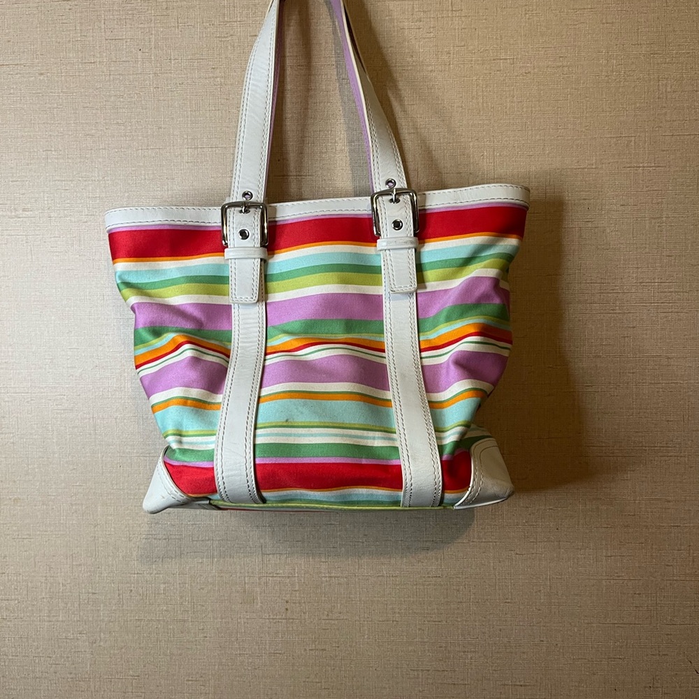 Coach Rainbow Striped Canvas Tote with White Trim